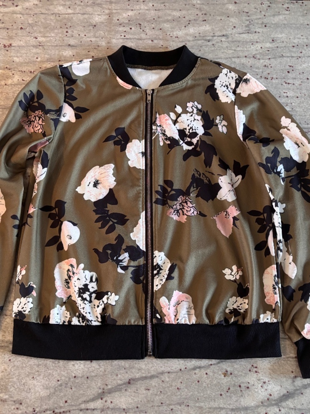 Floral Womens Light Weight Bomber Jacket - Green with Black Accent Shein Size S